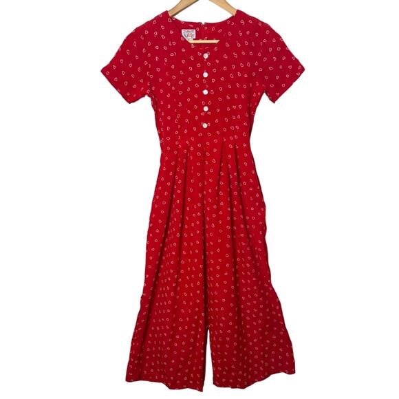 Vintage Talbots Kids Girls Size 10 Red White Hearts Tie Back Wide Leg Jumpsuit - Picture 1 of 8